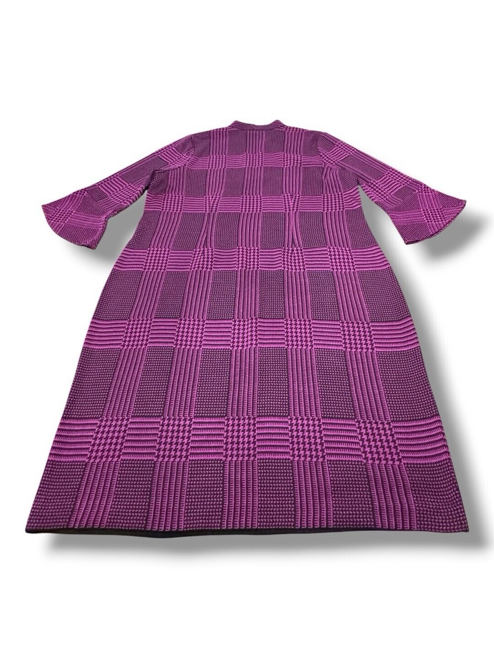 Ming Wang Split V Neck Dress Knit Pink Black Plaid Bell Sleeve Women’s Size XL
